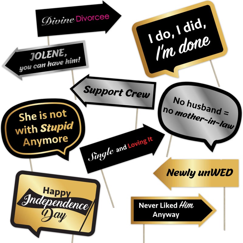 Jazzoo Divine Divorce Party Pack â€“ 10pcs Funny Photo Booth Props Set with Bamboo Sticks & Adhesives â€“ Womenâ€™s Divorce Celebration Decorations - Image 4